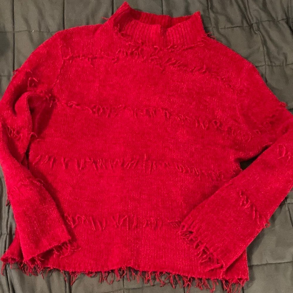 Bright Red Acrylic Vintage Mock Turtleneck sweater with fringe detail